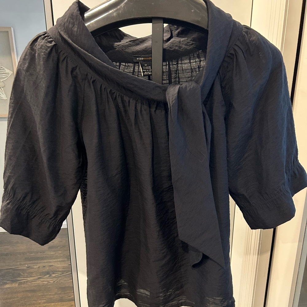 BCBGMaxAzria Black Ruffle Bow Neck Tie Blouse